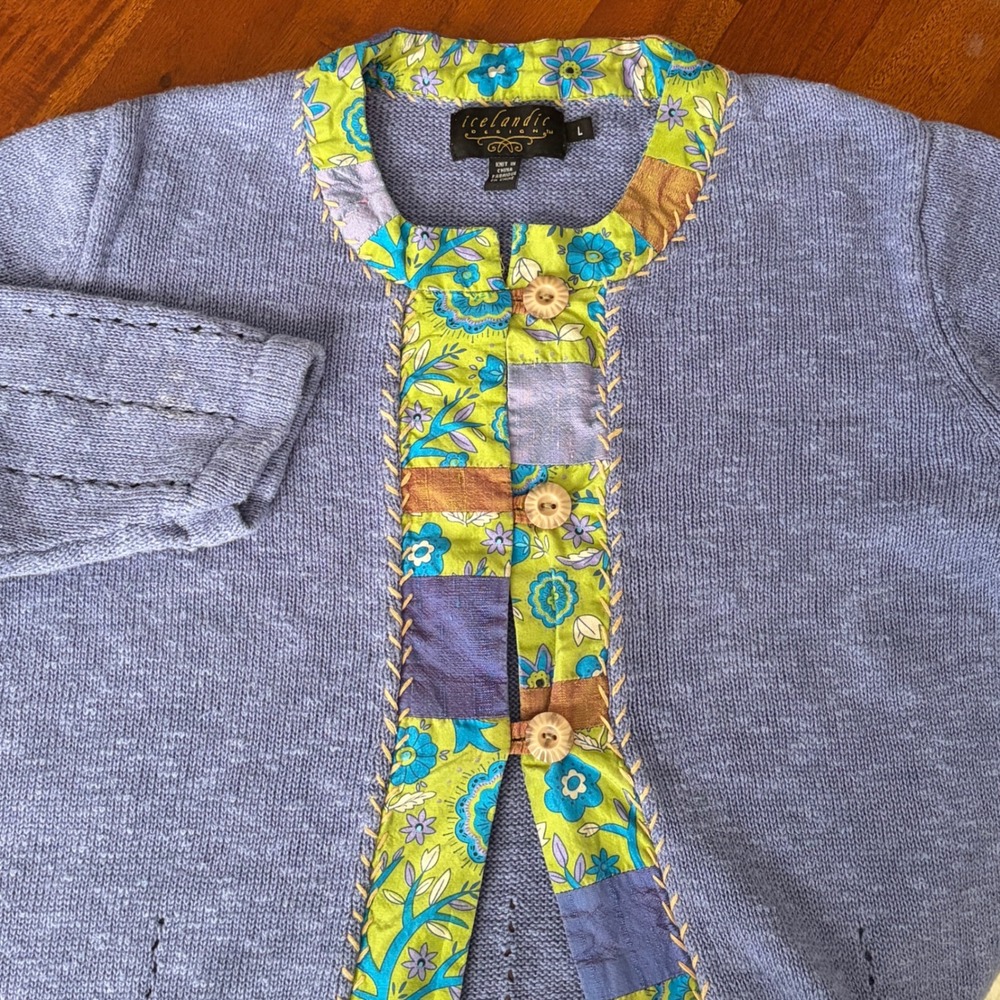 Icelandic Design Purple Linen Cotton Blend Knit Cardigan Sweater Quilted Print L